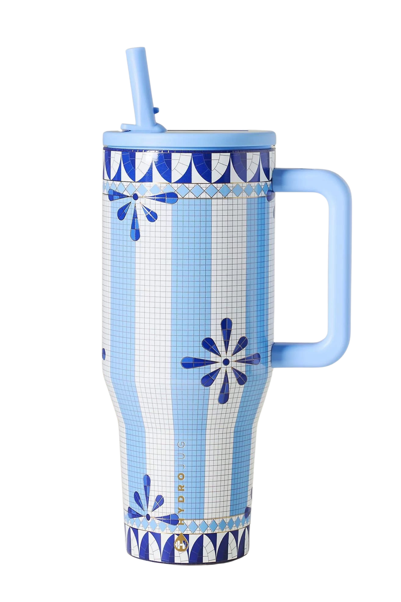 HydroJug Capri tumbler accessories with matching silicone boot, straw topper, tumbler charm, bow, and bracelet in a coastal pastel aesthetic setup for TikTok and Pinterest inspiration