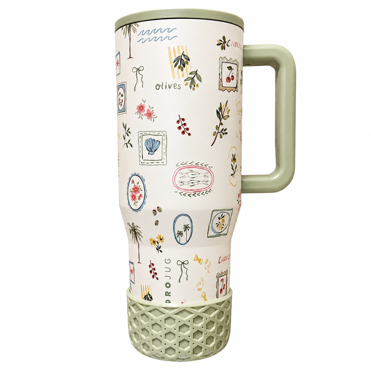 HydroJug Ciao Bella matching tumbler accessories with silicone boot, tumbler charm, straw topper, bow, and bracelet styled in creamy neutral latte tones with soft feminine Pinterest-inspired HydroJug aesthetic