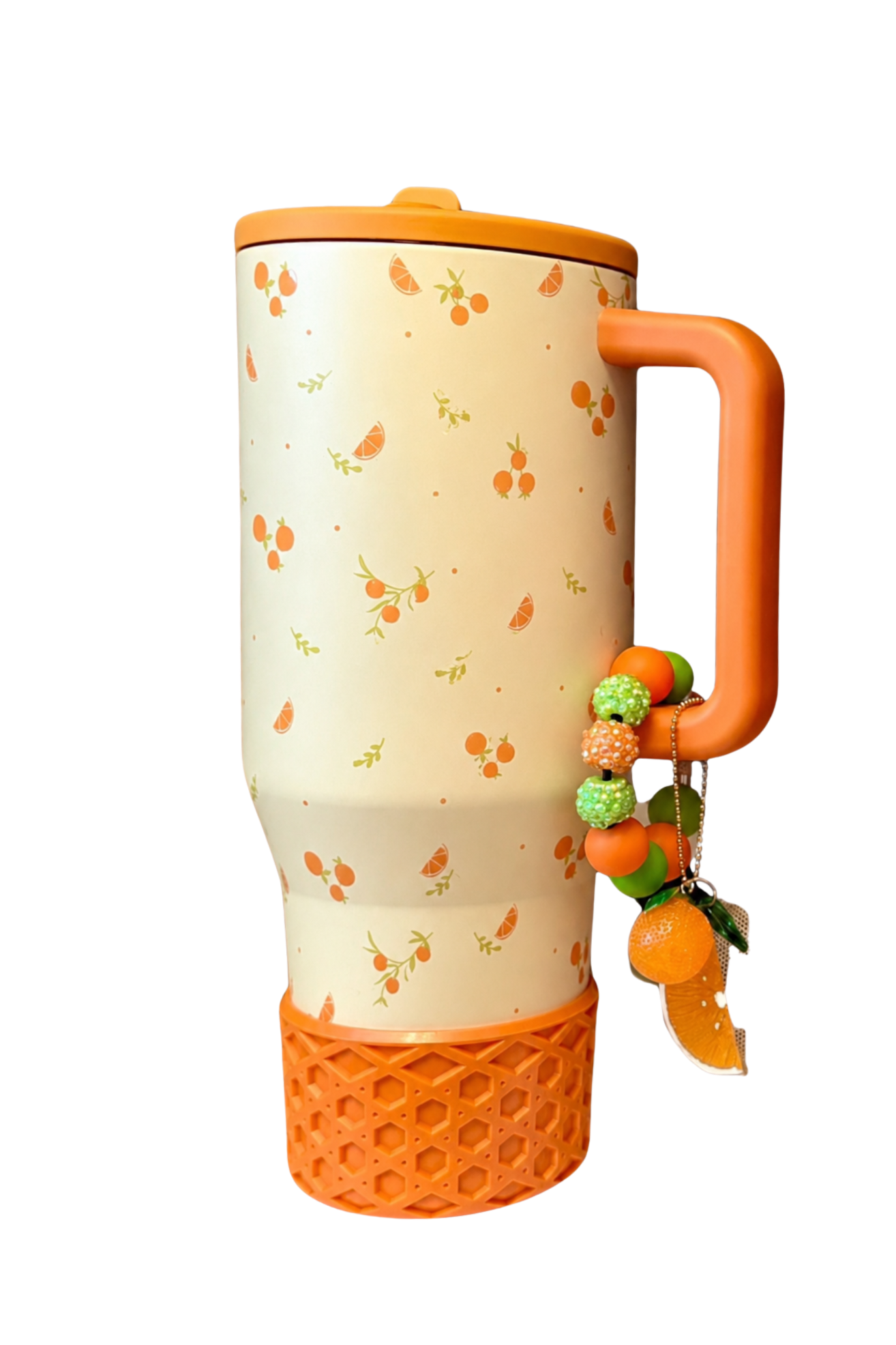 HydroJug Citrus 40 oz tumbler with orange textured silicone boot, citrus orange slice charm, beaded handle accessory, straw topper and matching orange aesthetic cup accessories