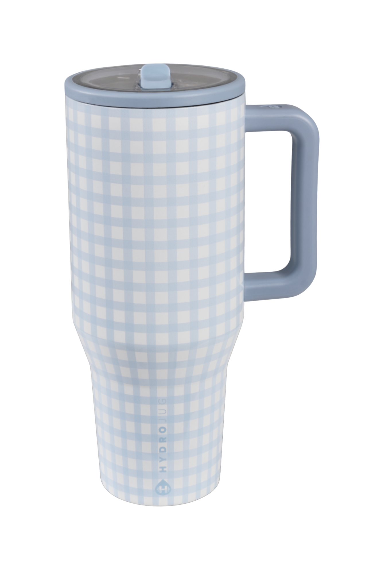 HydroJug Cloud Nine blue gingham tumbler styled with matching silicone boot, tumbler charm, bow, bracelet and straw topper in a pastel coquette aesthetic setup.