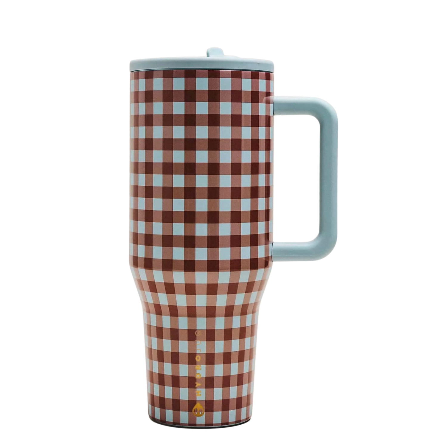 HydroJug Countryside Anthropologie 40 oz Traveler brown and blue plaid tumbler with matching boot, charm, bow and straw topper accessories