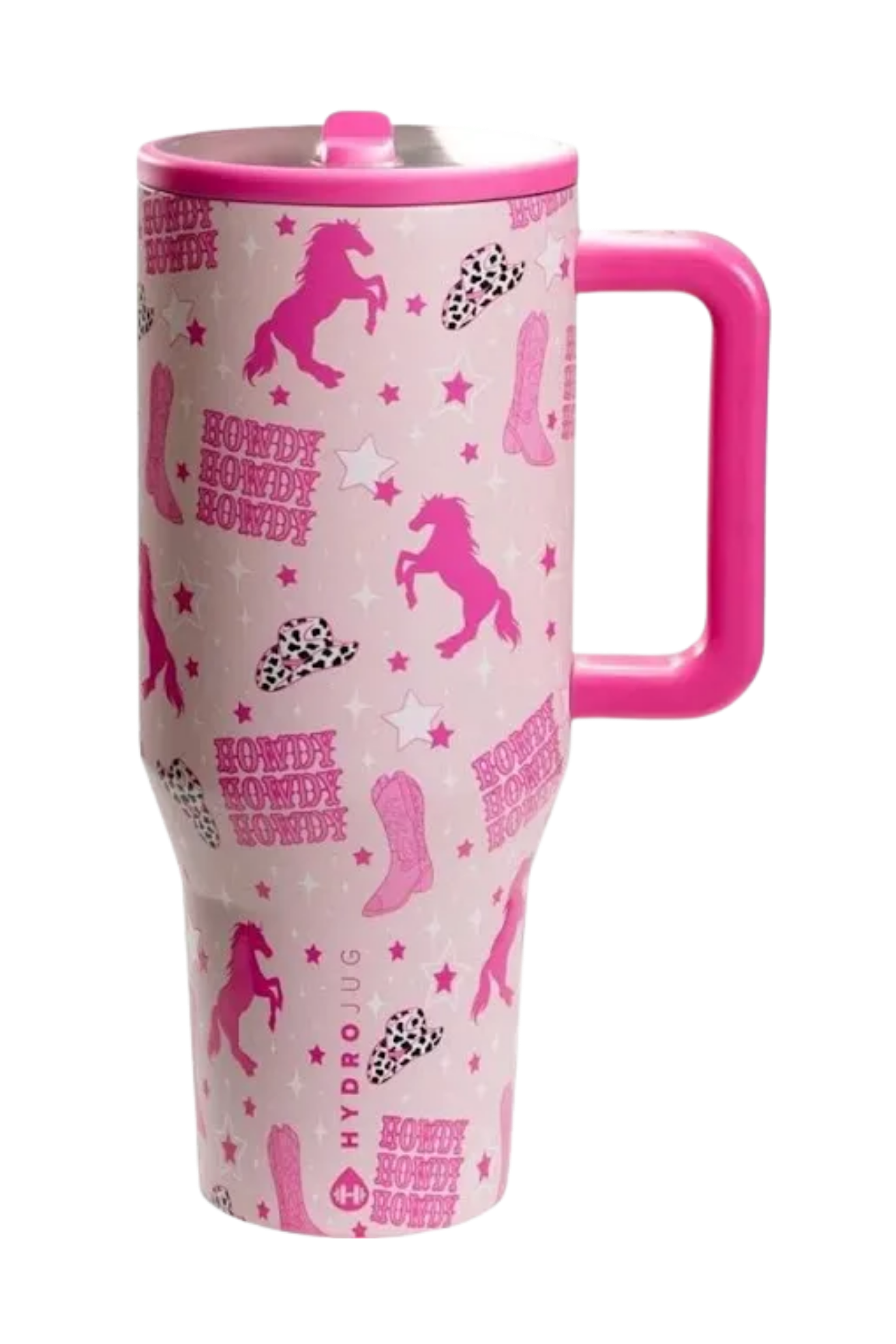 HydroJug Cowgirl pink western tumbler featuring horse graphics, cowgirl boots and western hats styled with matching silicone boot, tumbler charm, straw topper, bow and bracelet accessories