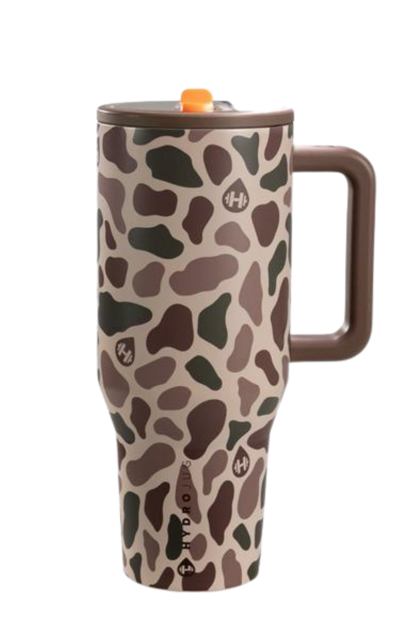 HydroJug Duck Camo tumbler with matching silicone boot, tumbler charms, straw topper, bow, and neutral camo cup accessories