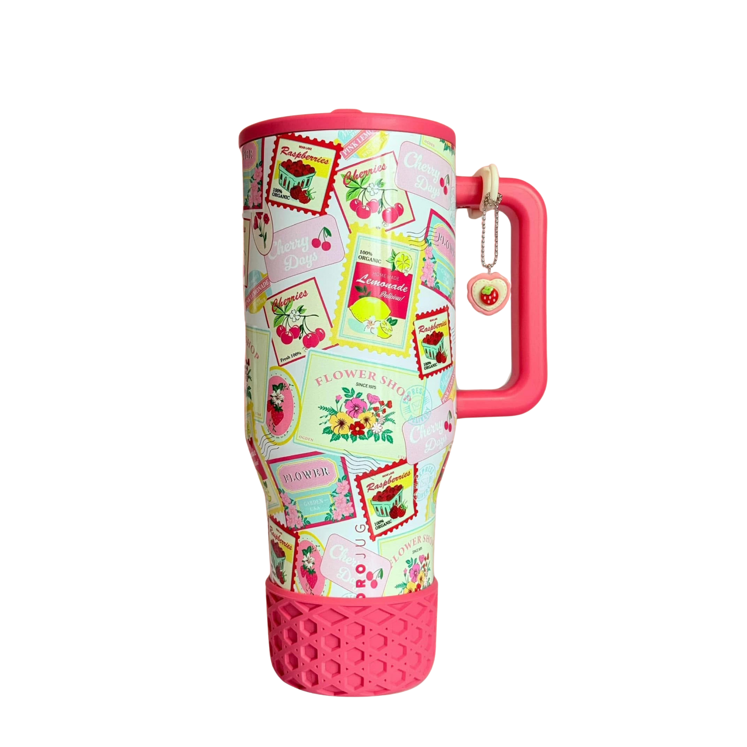 HydroJug Farmer's Market tumbler with pink silicone boot, cherry charm, strawberry aesthetic accessories, pastel fruit cup styling