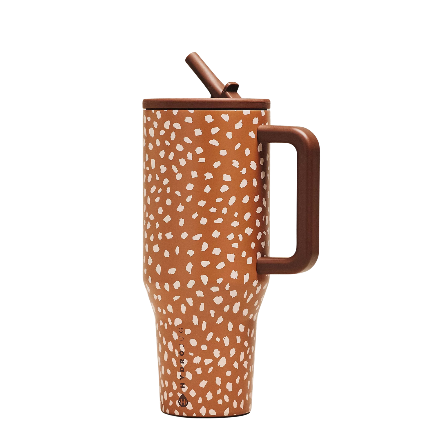 HydroJug Fawn Freckle Anthropologie tumbler with matching silicone boot, tumbler charm, bow, bracelet and straw topper in cozy neutral aesthetic