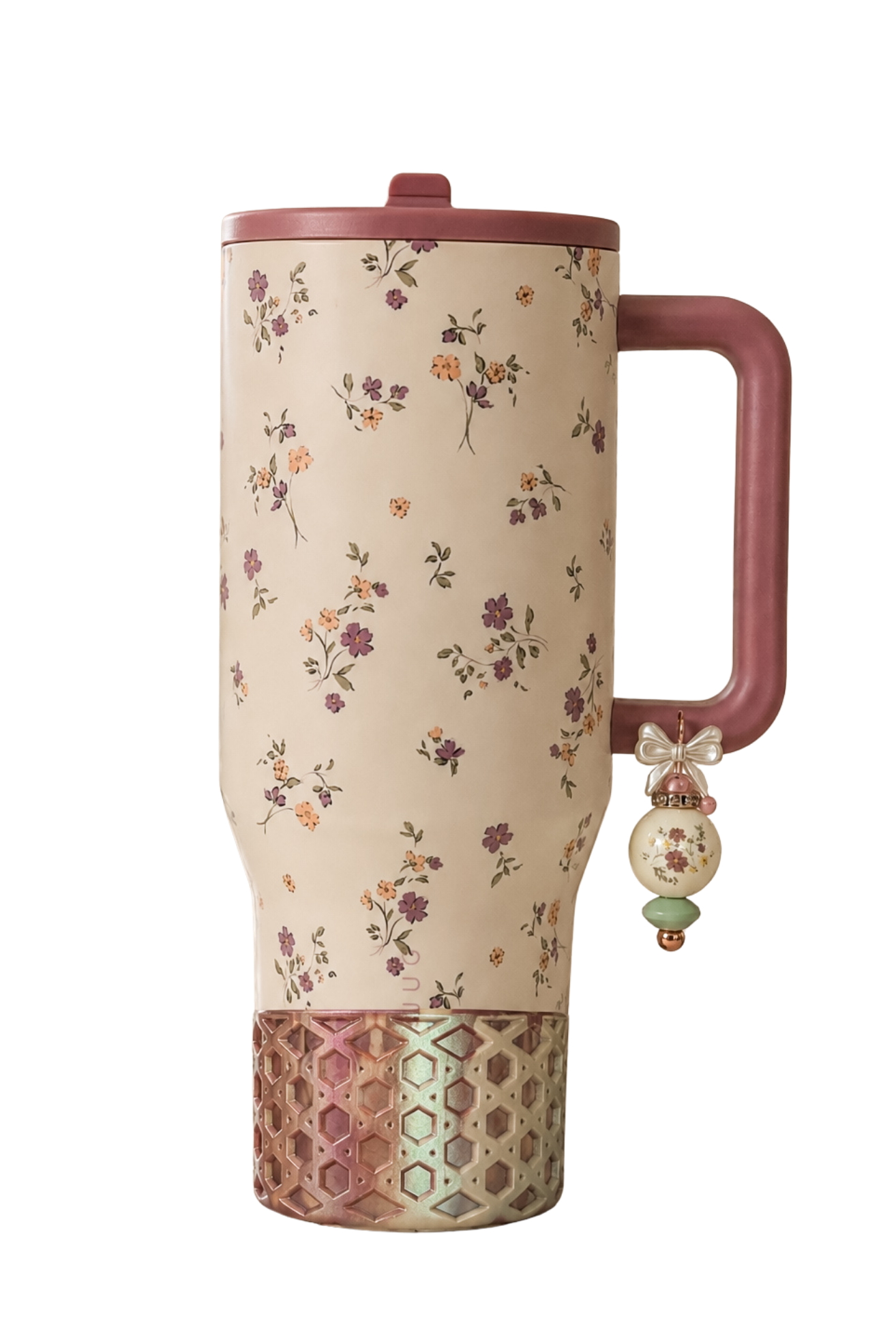 HydroJug Flora floral tumbler with mauve silicone boot, botanical charm, pastel tumbler accessories and feminine cup styling aesthetic