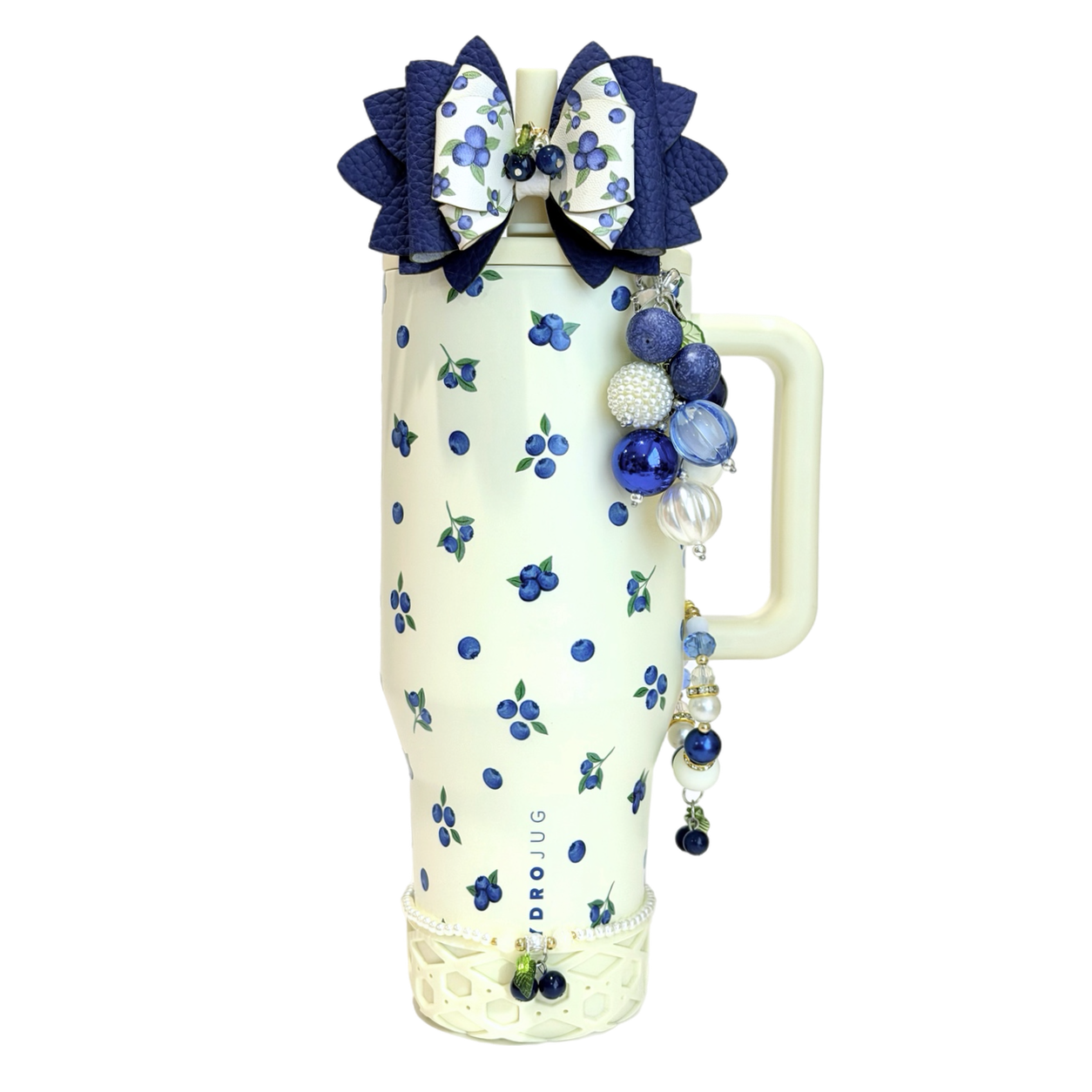 HydroJug Freshly Pick'd tumbler accessories featuring coordinated silicone boot, strawberry pink tumbler charm, coquette bow, straw topper, and bracelet styled in viral Pinterest-inspired berry cottagecore aesthetic for trending HydroJug tumbler setups
