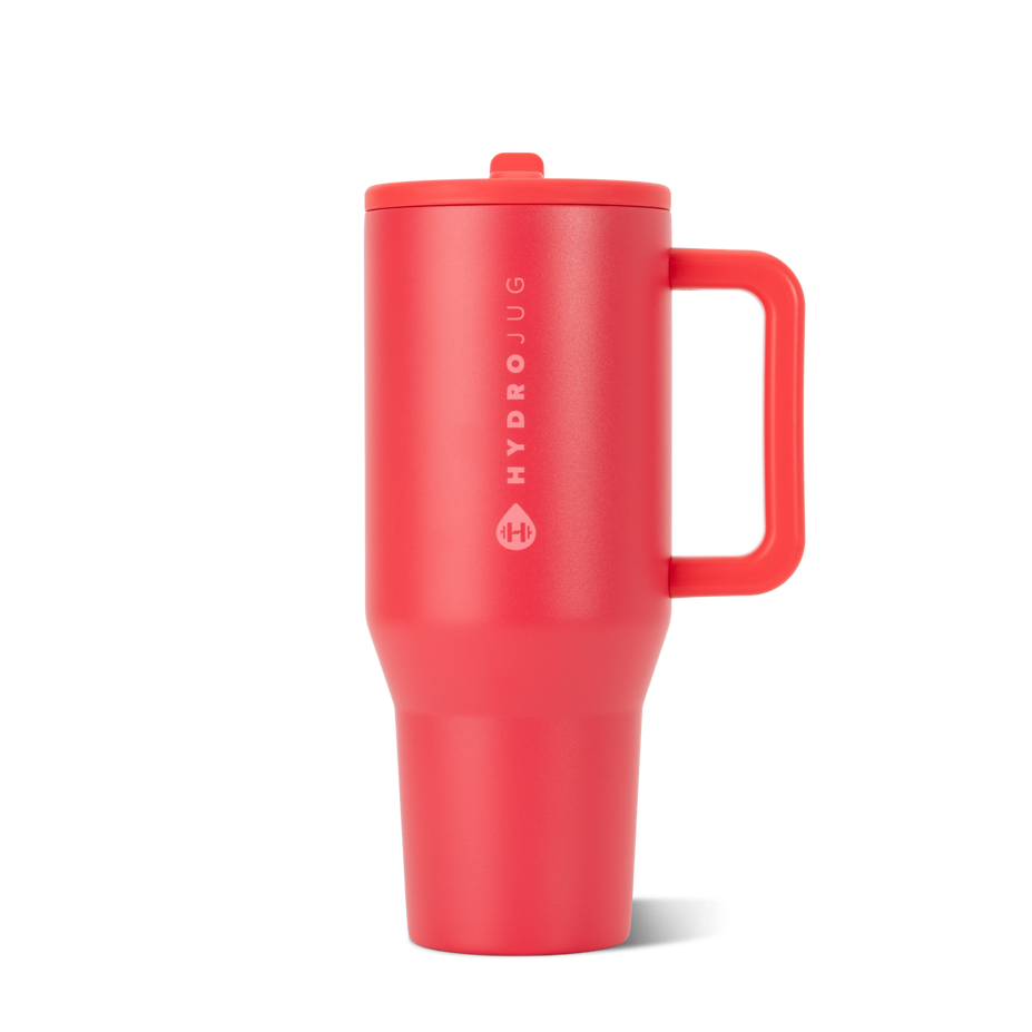 HydroJug Fruit Punch tumbler accessories with matching cherry pink silicone boot, fruity straw topper, tumbler charm, bow, and bracelet styled for TikTok HydroJug trends, Pinterest tumbler aesthetic, and coordinated summer cup accessory setups