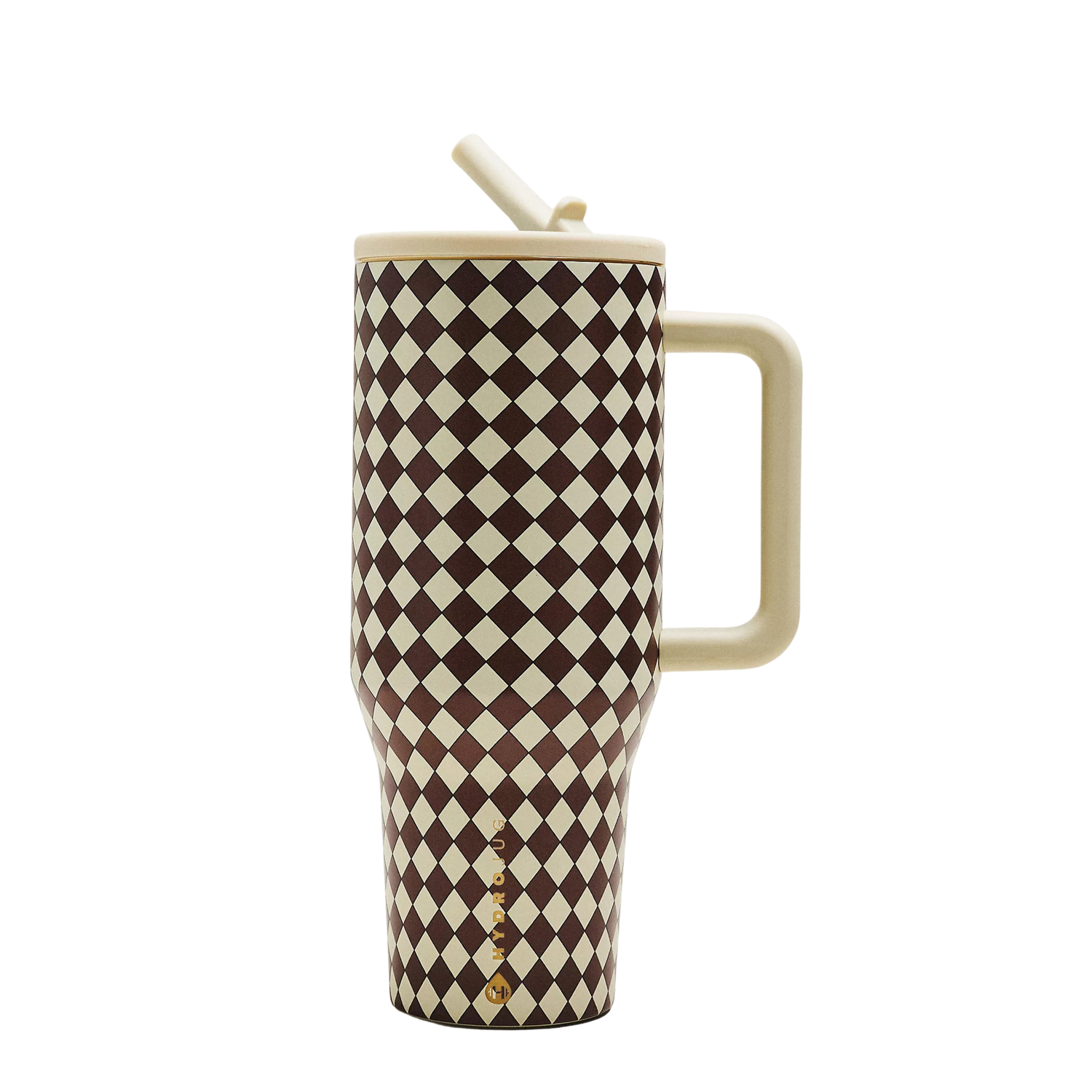 HydroJug Gambit checkerboard tumbler styled with matching silicone boot, tumbler charm, bow, bracelet and straw topper in retro café aesthetic