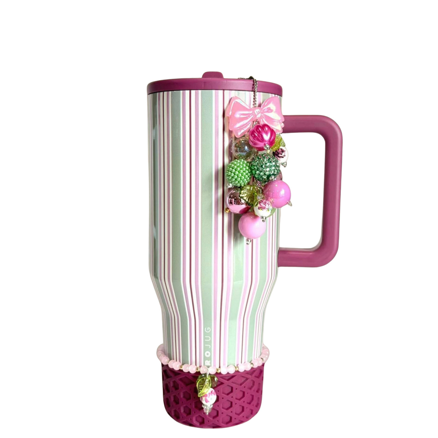 HydroJug Garden Party tumbler with berry pink boot, pastel bow charm, glossy accessories, and feminine coquette styling