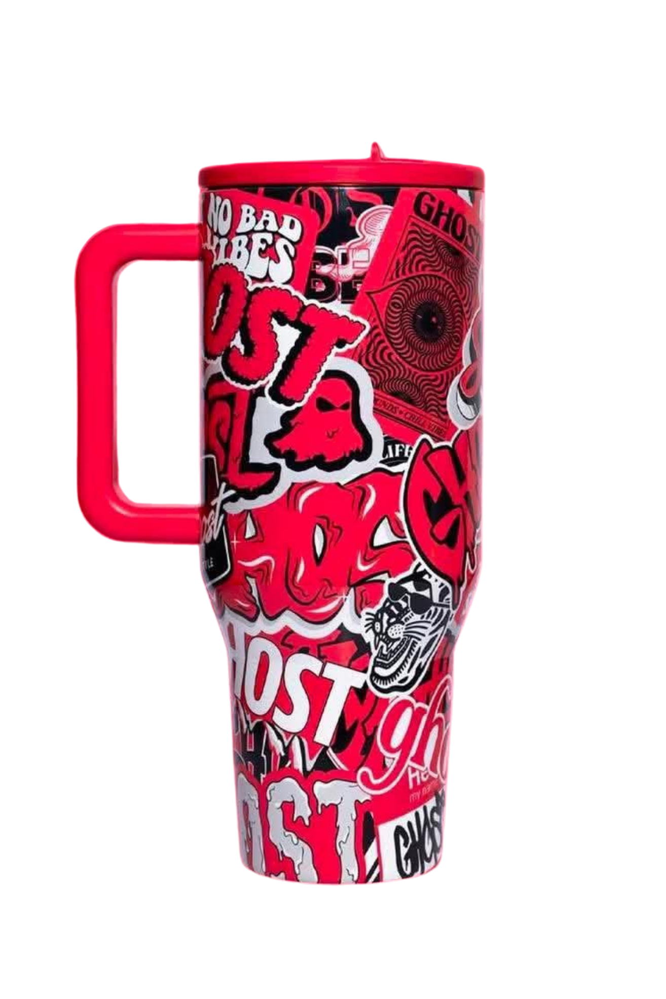 HydroJug Ghost StickeRED red tumbler with ghost artwork, sticker bomb graphics, matching silicone boot, tumbler charm, bow, bracelet and straw topper accessories
