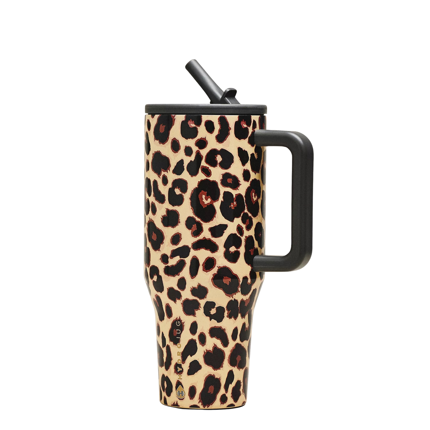 HydroJug Golden Safari leopard print tumbler styled with matching silicone boot, charm, bow, bracelet and straw topper in neutral aesthetic