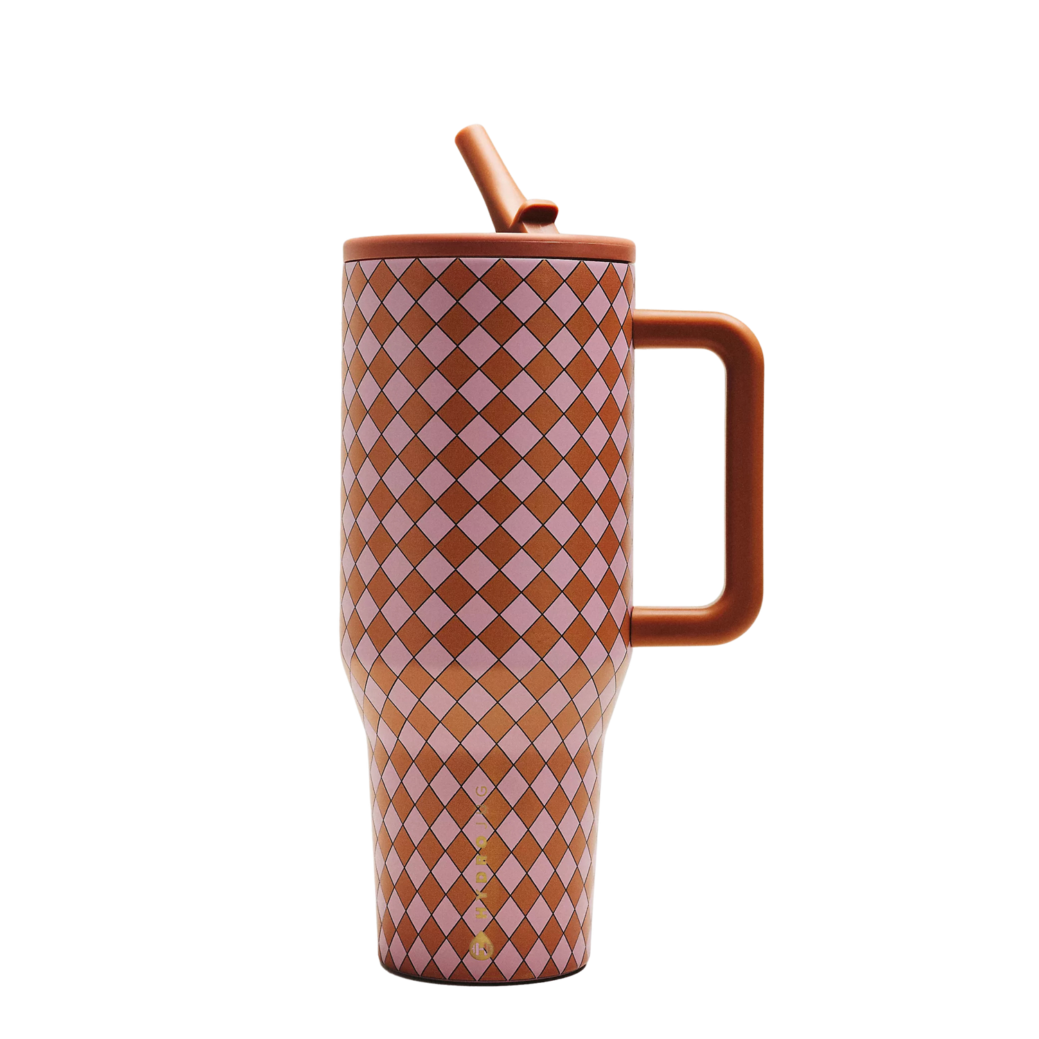 HydroJug Harlequin pink checkerboard tumbler styled with matching silicone boot, tumbler charm, bow, bracelet and straw topper