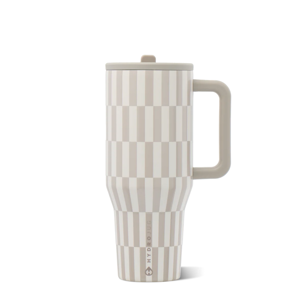 HydroJug Latte neutral checkered tumbler styled with matching beige silicone boot, charms, bracelet, bow and straw topper