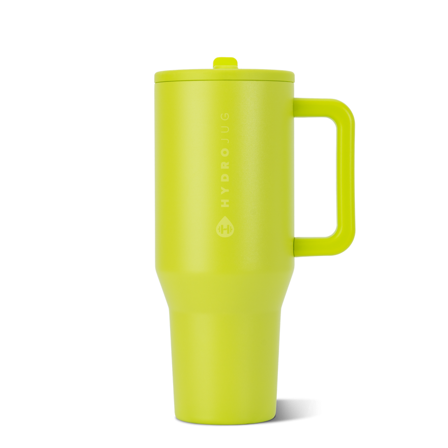 HydroJug Lemon Lime 40oz tumbler with matching neon green silicone boot, tumbler charm, straw topper, bracelet, and bow styled in coordinated TikTok viral hydration aesthetic with sporty summer gym accessories and Pinterest-inspired citrus tumbler setup