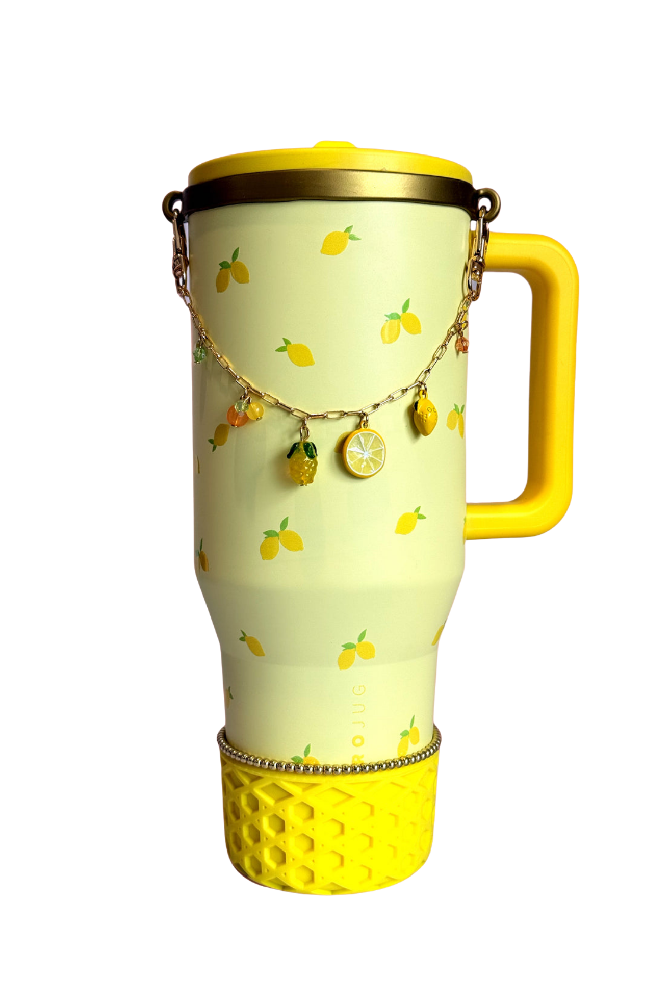 HydroJug Main Squeeze tumbler with yellow silicone boot, lemon charms, bracelet, and citrus-inspired aesthetic accessories