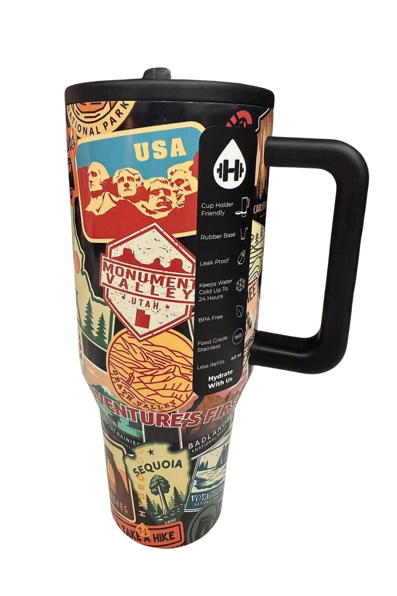 HydroJug Maverik National Parks tumbler featuring Monument Valley, Sequoia and Badlands inspired travel poster artwork with matching silicone boot, tumbler charm, straw topper, bow and bracelet accessories.
