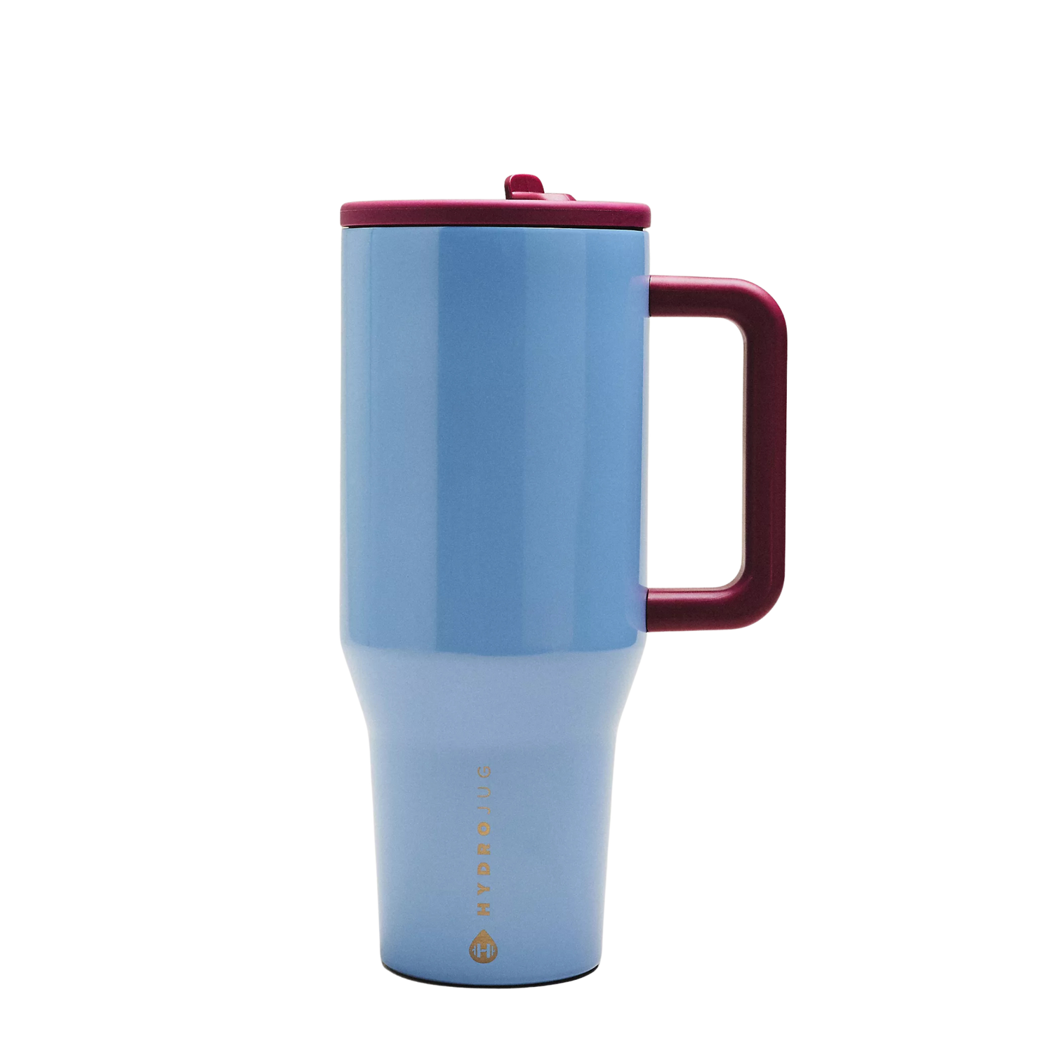 HydroJug Mulberry Skies blue tumbler styled with matching silicone boot, tumbler charm, bow, bracelet and straw topper in dreamy pastel aesthetic