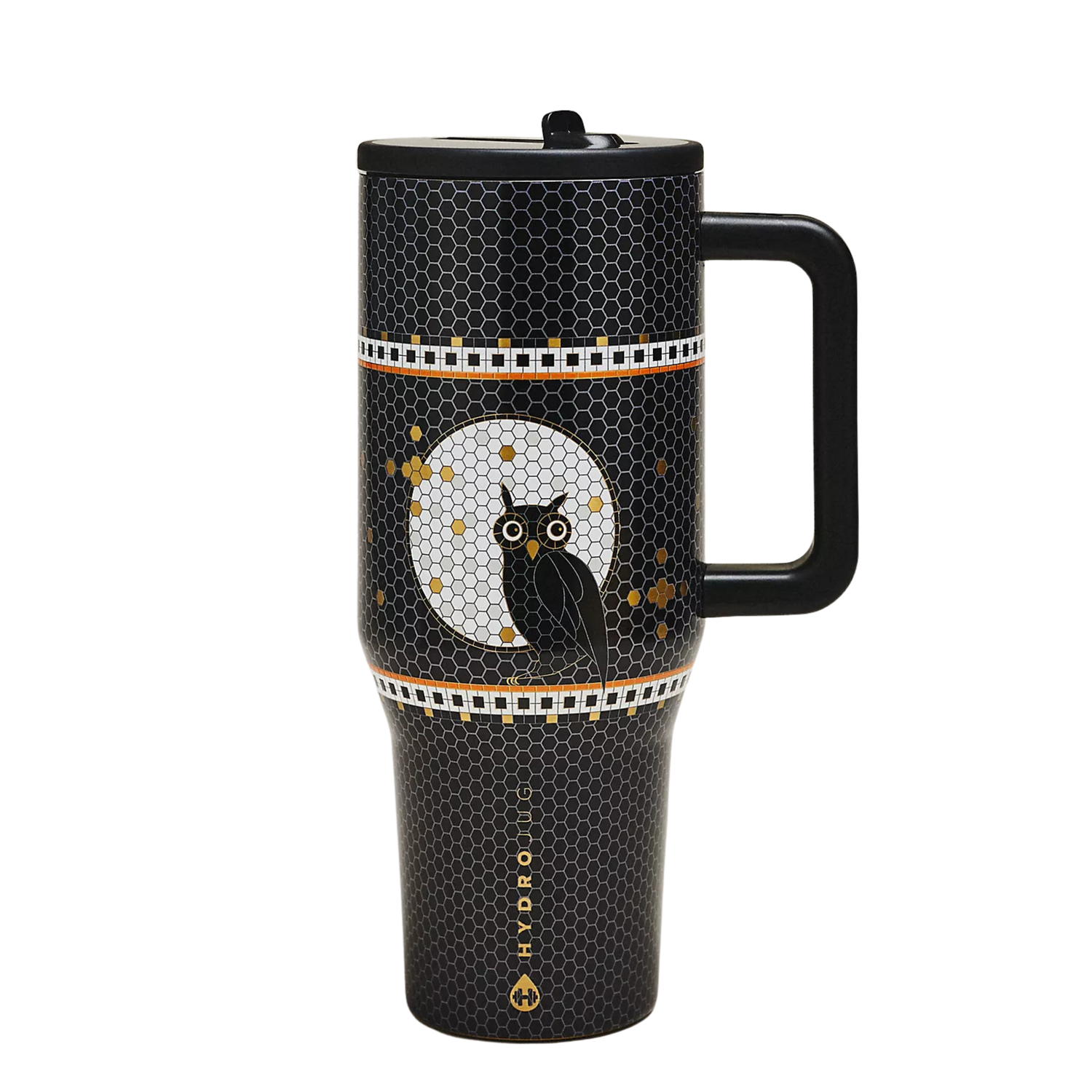 HydroJug Owl matte black tumbler with owl moon artwork styled with matching Etch & Ember silicone boot, tumbler charm and straw topper