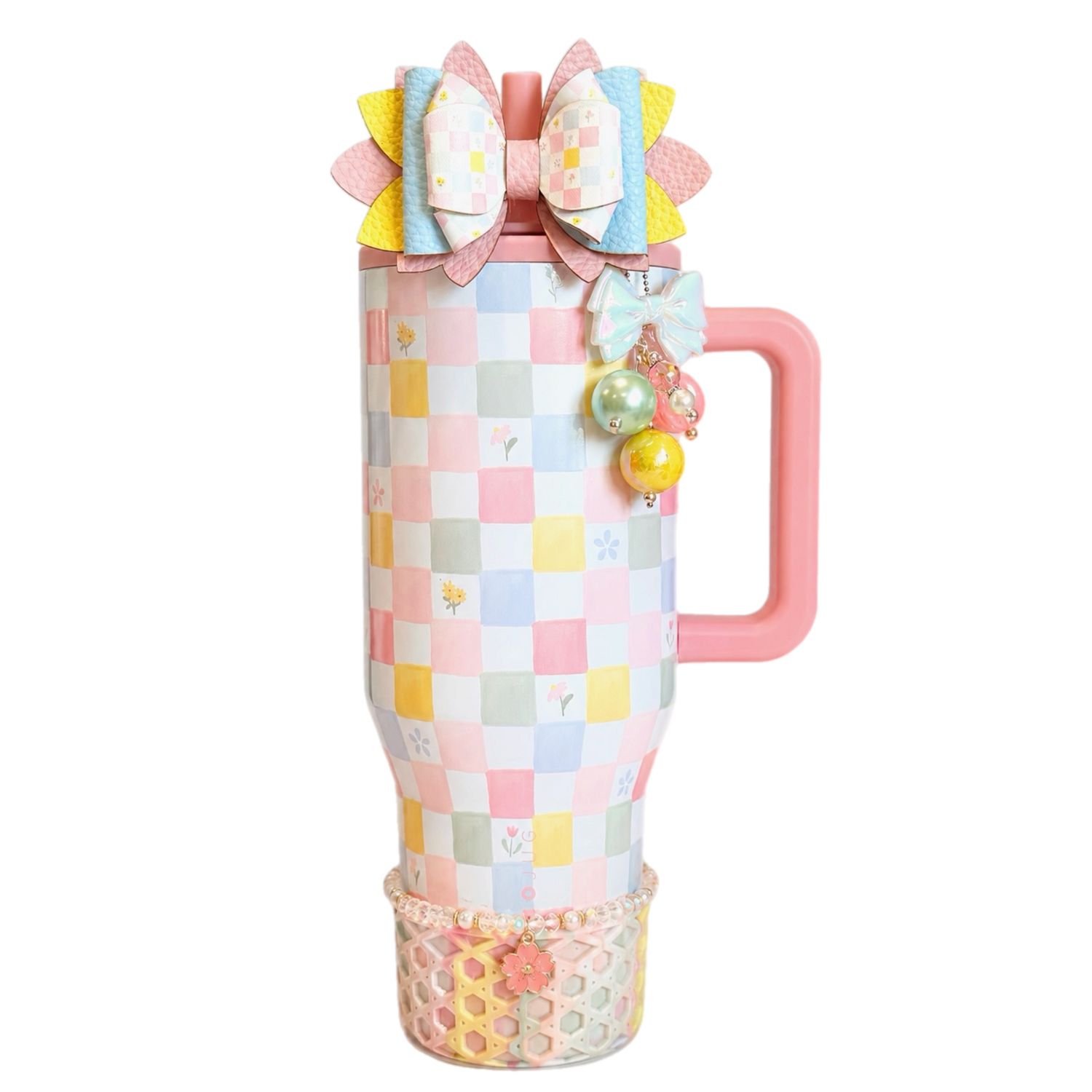 HydroJug Pastel Checkers tumbler with pastel silicone boot, tumbler charms, bow, bracelet, and straw topper in coordinated aesthetic flat lay setup