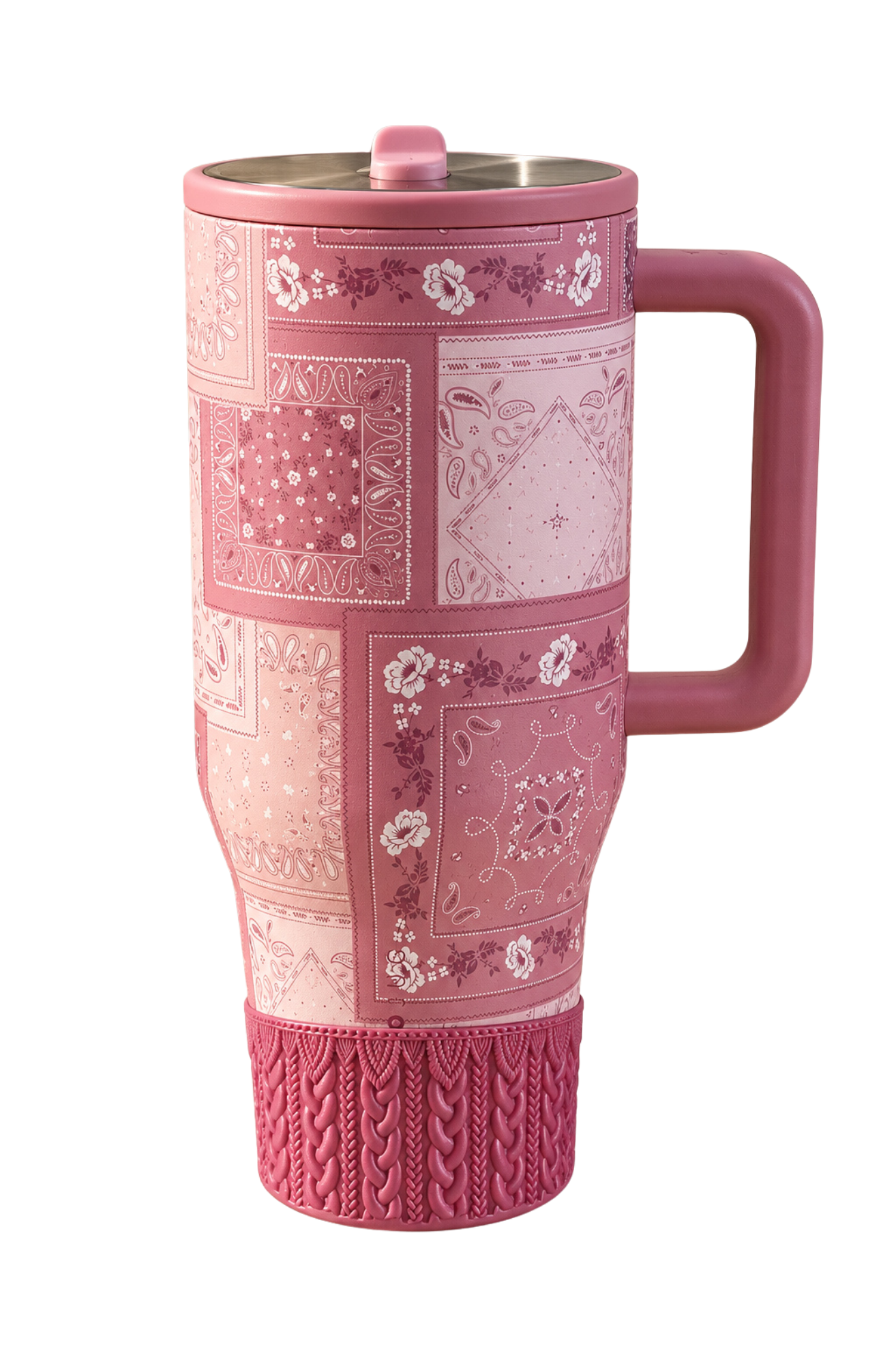 HydroJug Pink Bandana tumbler with pink knitted silicone boot and matching western coquette tumbler accessories