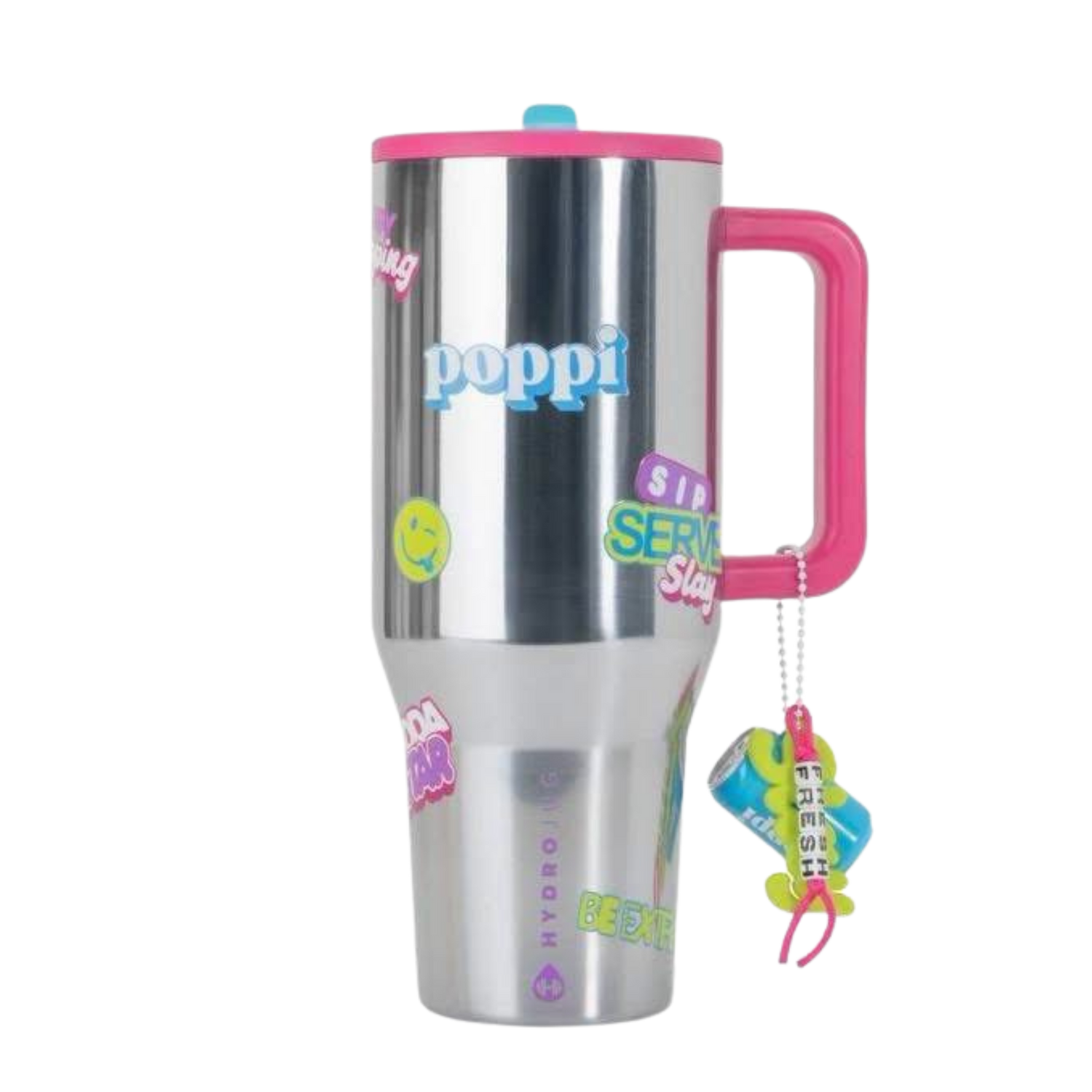 HydroJug x Poppi Chrome Stickers tumbler with matching silicone boot, tumbler charm, bow, bracelet, and straw topper in colorful Y2K aesthetic