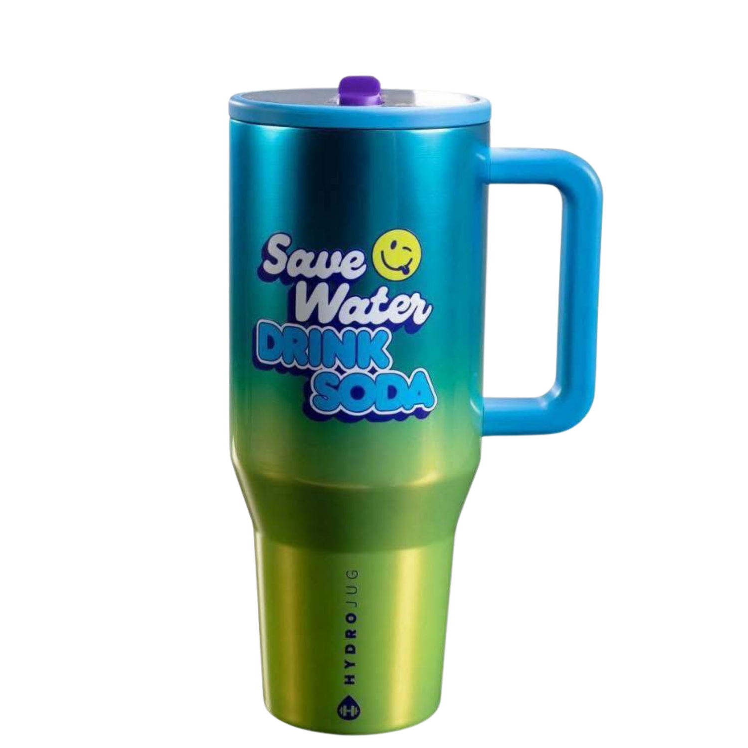 HydroJug x Poppi Green Degrade Smiley Face tumbler styled with matching green silicone boot, tumbler charm, straw topper, bow and bracelet accessories by Etch & Ember