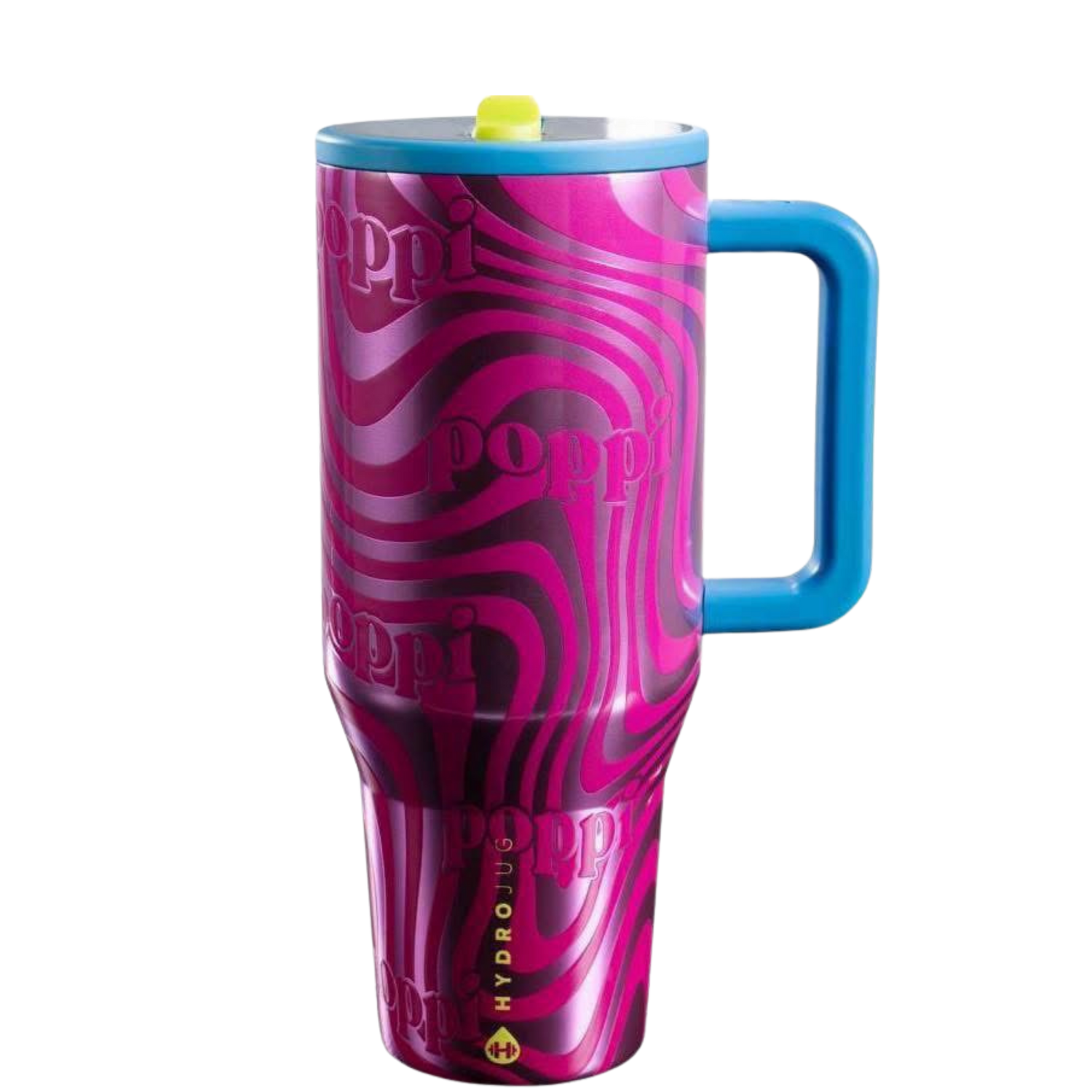 HydroJug x Poppi Swirls colorful swirl tumbler styled with matching silicone boot, tumbler charm, straw topper, bow and bracelet by Etch & Ember