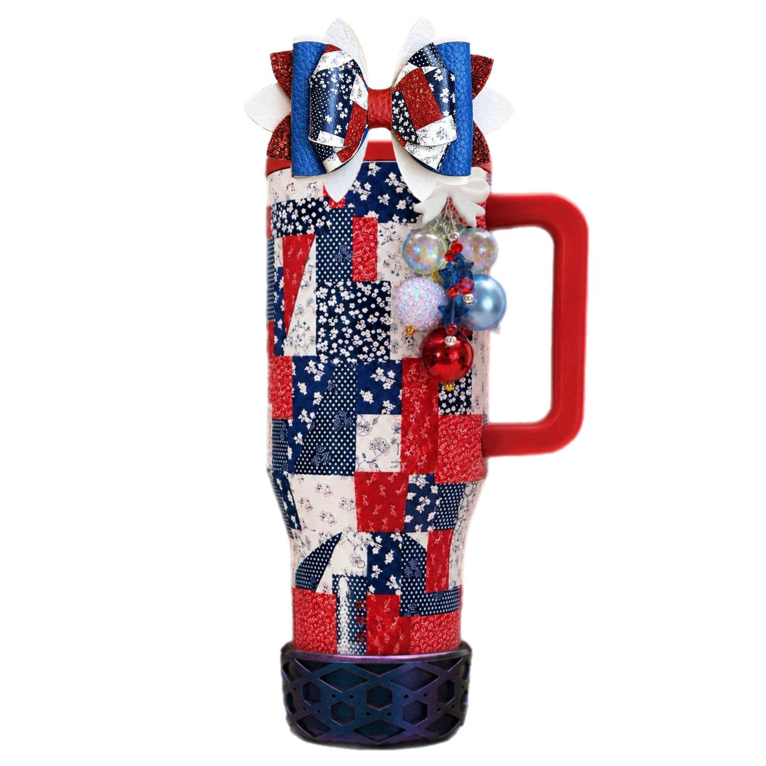 HydroJug Traveler Quilted Americana tumbler with matching silicone boot, tumbler bow, charm bracelet, straw topper, and patriotic summer accessories
