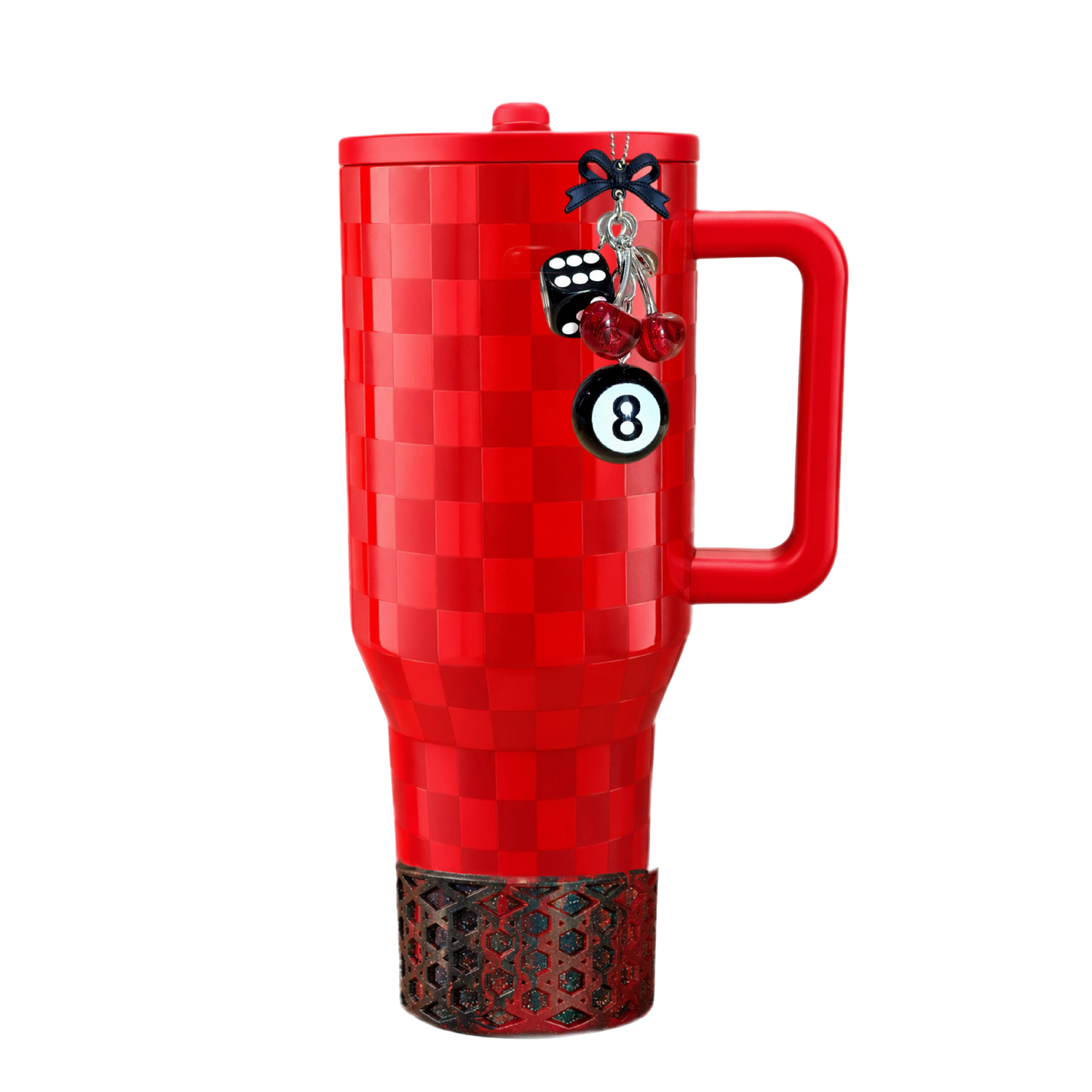 HydroJug Red Checkers tumbler with glossy red silicone boot, checkerboard tumbler charms, cherry accessories, straw topper, and coordinated cup aesthetic