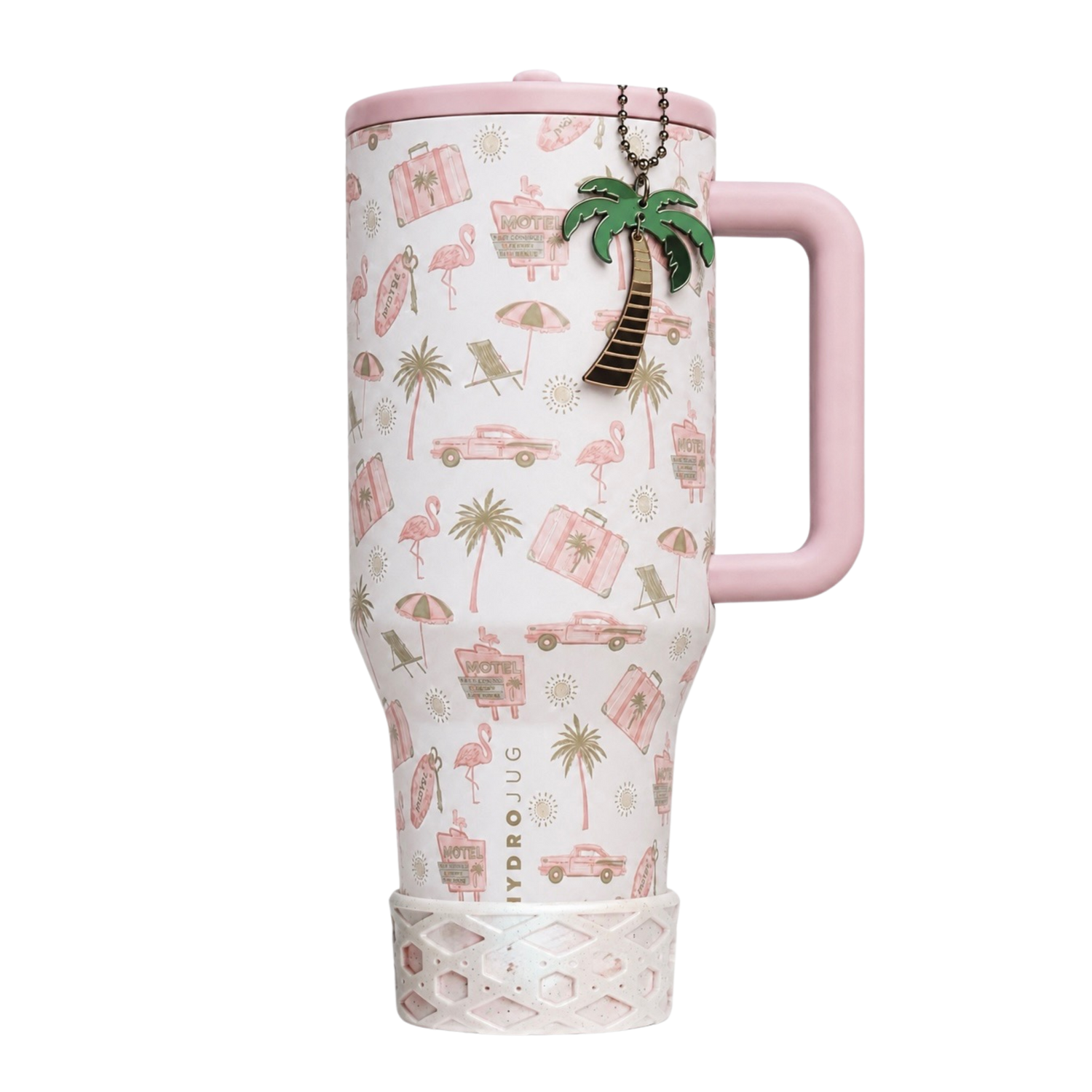 HydroJug Road Trip tumbler with matching pink silicone boot, tumbler charm, straw topper, bracelet, and retro vacation cup accessories