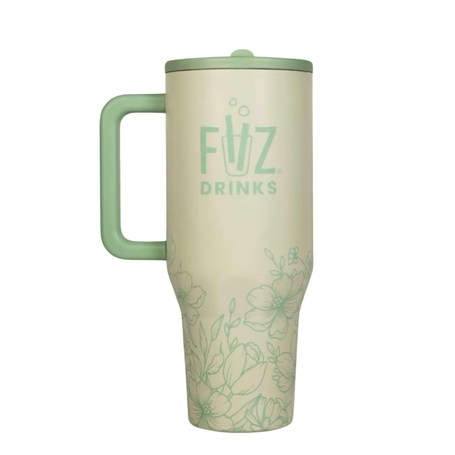 HydroJug Sage Sipper sage green floral tumbler with matching silicone boot, tumbler charm, bracelet, bow, and straw topper accessories