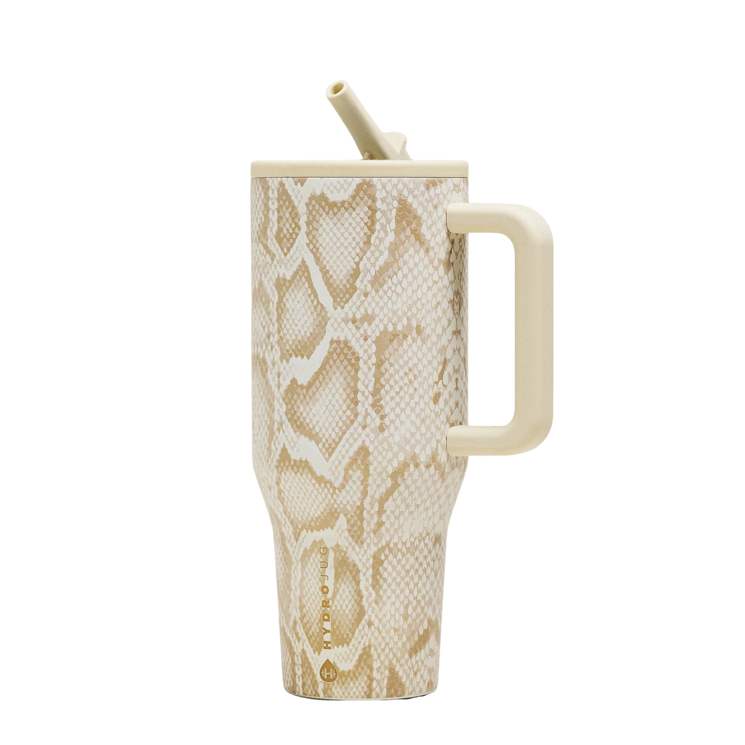 HydroJug Snakeskin Anthropologie tumbler styled with matching silicone boot, tumbler charm, bow, bracelet and straw topper in luxury neutral aesthetic