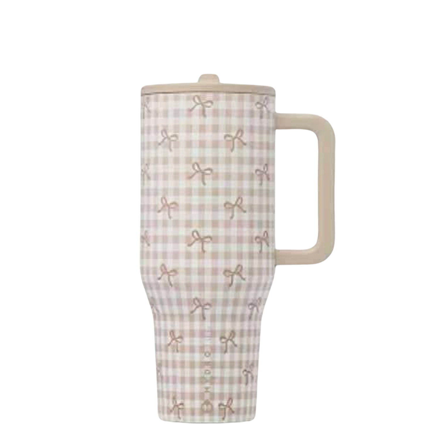 HydroJug Snickerdoodle neutral plaid bow Traveler styled with matching silicone boot, tumbler charm, bow, bracelet and straw topper