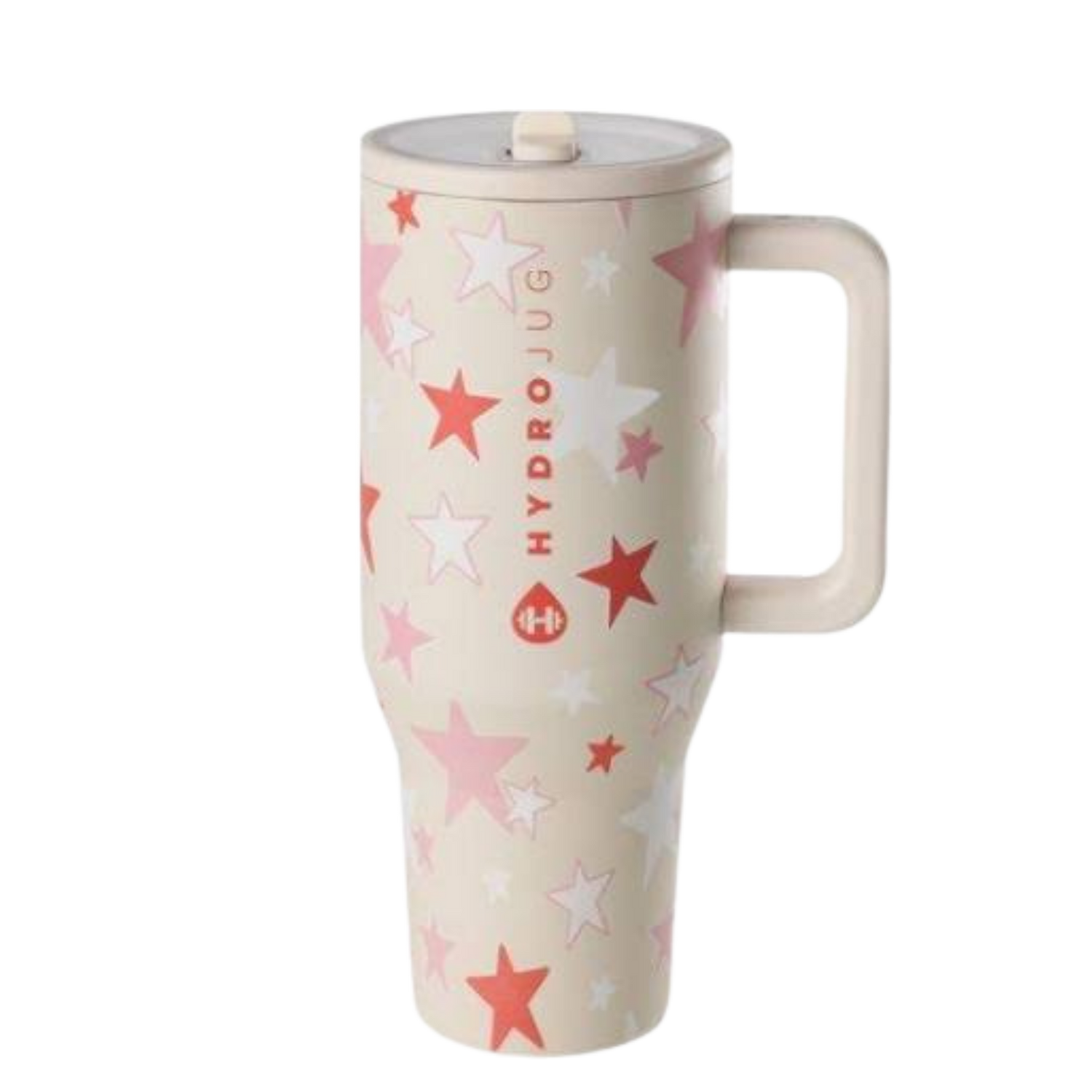 HydroJug Stars tumbler with blush pink star print and matching silicone boot, tumbler charm, straw topper, bow, and pastel accessories
