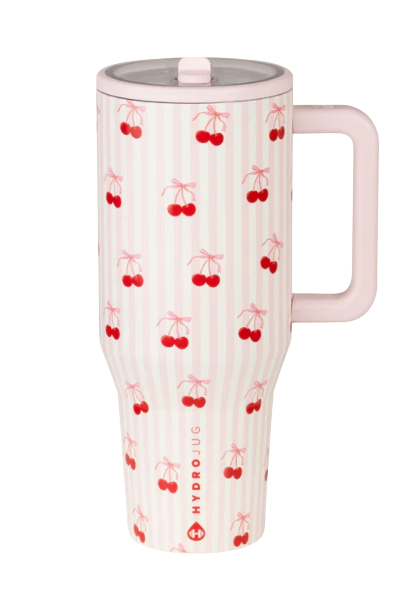 HydroJug Sweet Cherry pink striped tumbler with cherry print styled alongside matching silicone boot, tumbler bow, bracelet, charm and straw topper accessory set