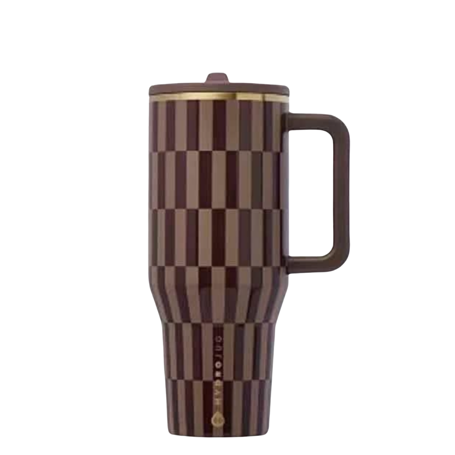 HydroJug Toffee Cozy Collection brown striped Traveler styled with matching silicone boot, tumbler charm, bow, bracelet and straw topper