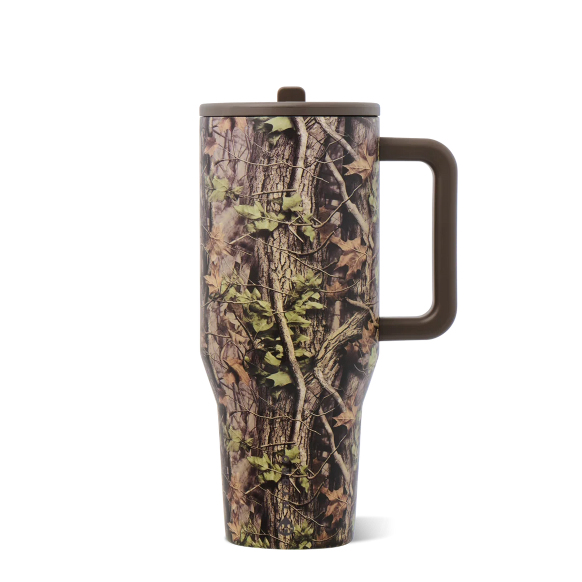 HydroJug Woodland tree camo tumbler with matching silicone boot, charms, bracelet and straw topper in brown and forest green