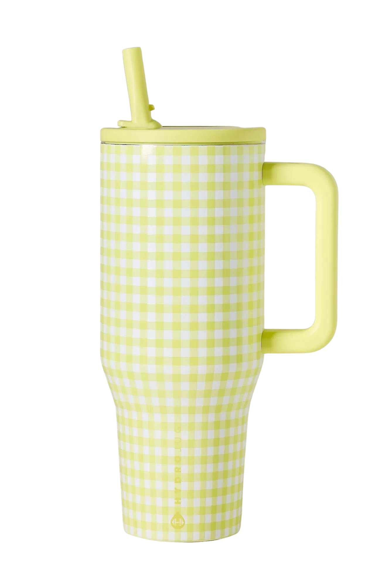 HydroJug Yellow Gingham tumbler aesthetic with matching silicone boot, straw topper, tumbler charm, bow, and pastel yellow cup accessories
