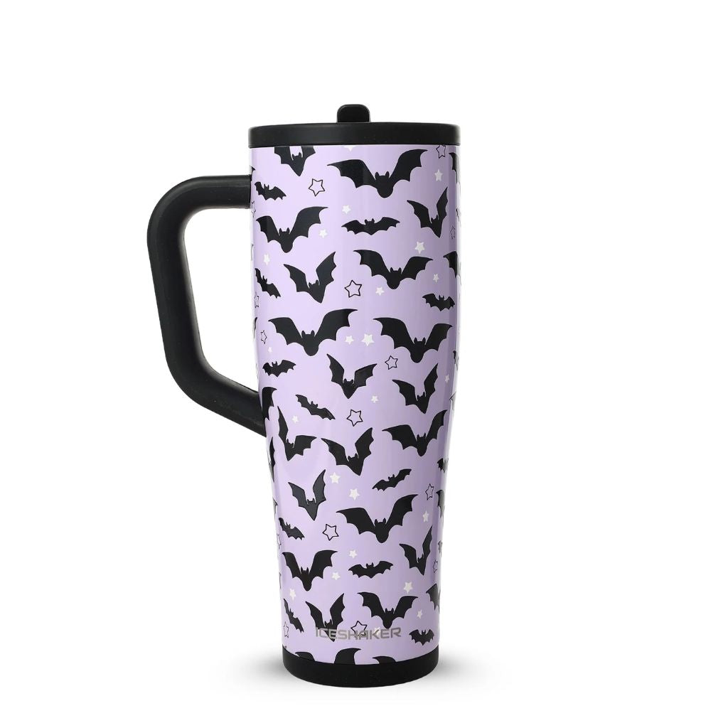 Ice Shaker Bats lavender purple tumbler with black bat pattern and black handle