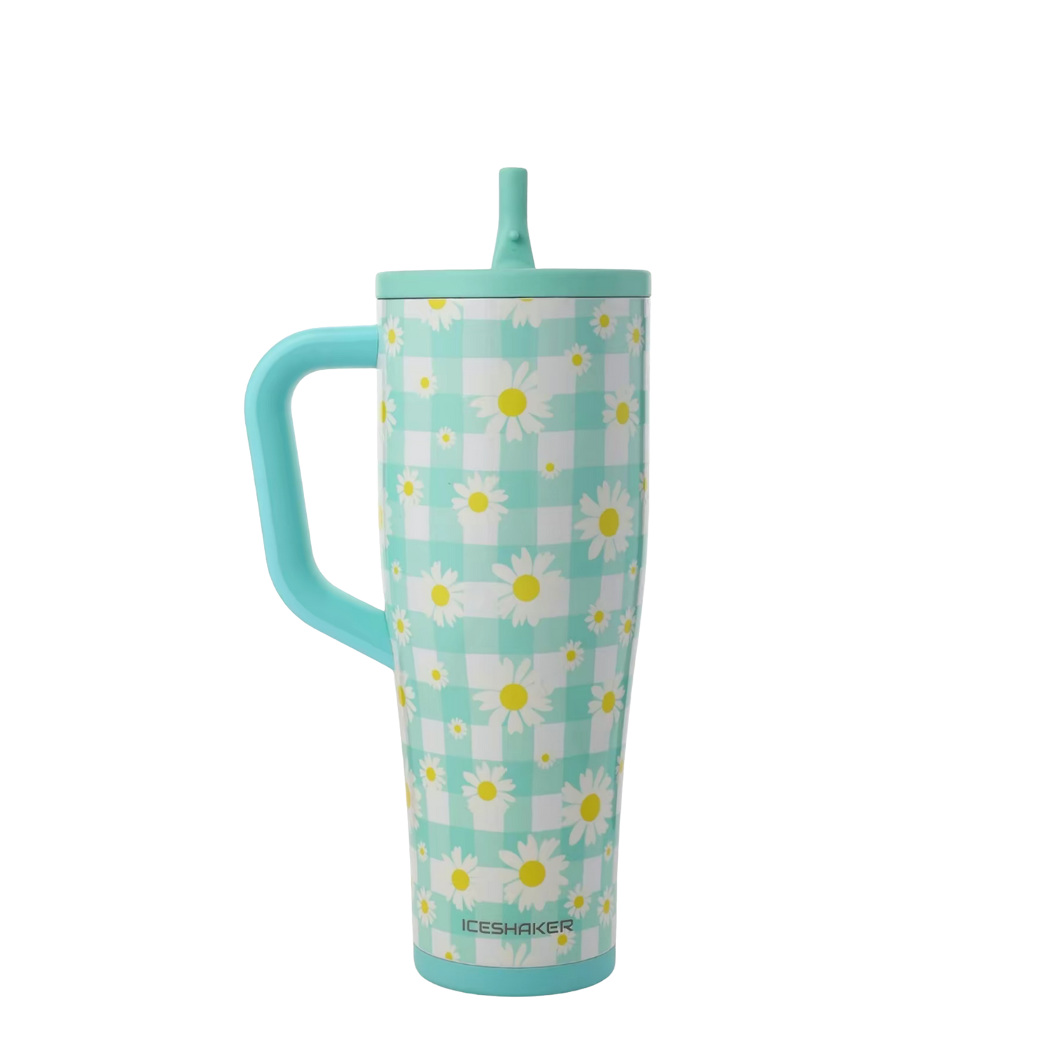 Ice Shaker Daisy mint green gingham handled tumbler with white yellow daisy flowers, aqua lid and matching handle