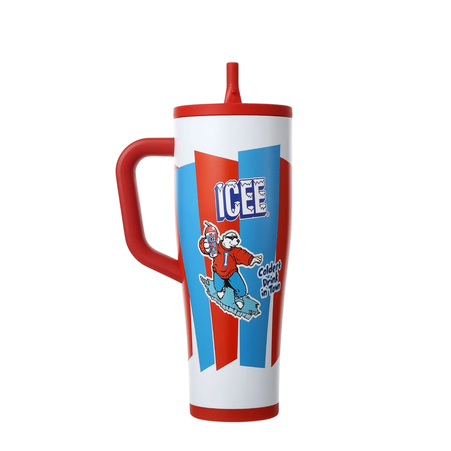 Ice Shaker ICEE red white and blue handled tumbler with nostalgic ICEE polar bear graphics, red lid and retro frozen drink design