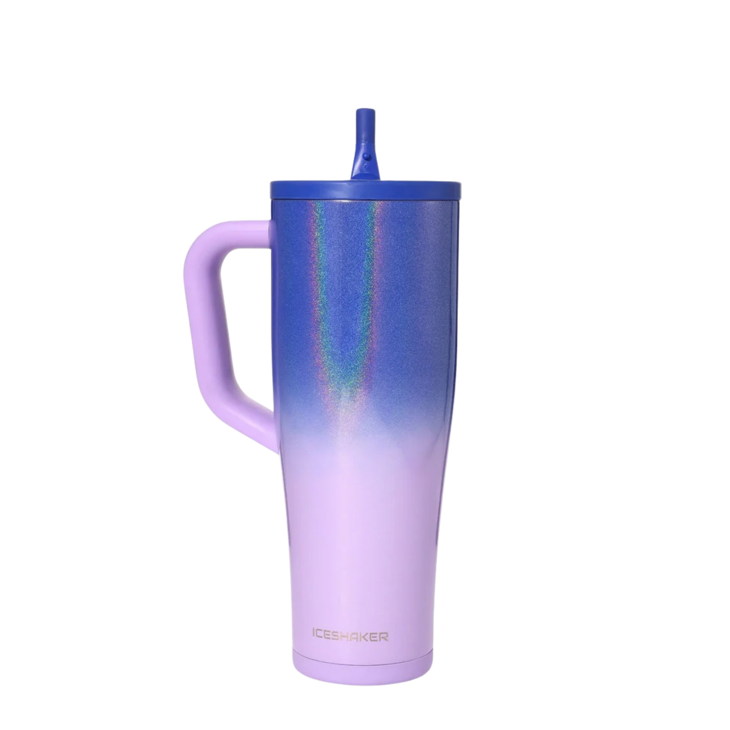 Ice Shaker Lilac Dreaming 40oz purple lilac gradient tumbler with iridescent rainbow shimmer, lavender handle and blue lid