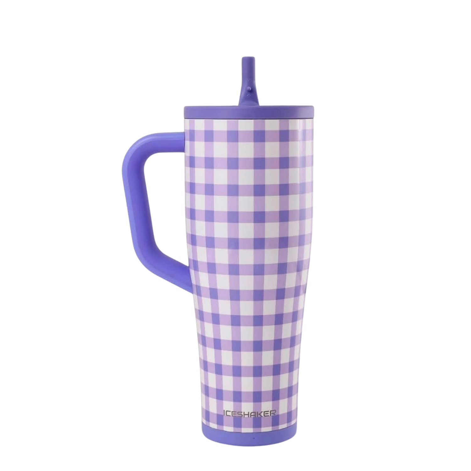 Ice Shaker Purple Gingham 40oz tumbler styled with matching purple silicone boot, tumbler charm, bow, bracelet and straw topper