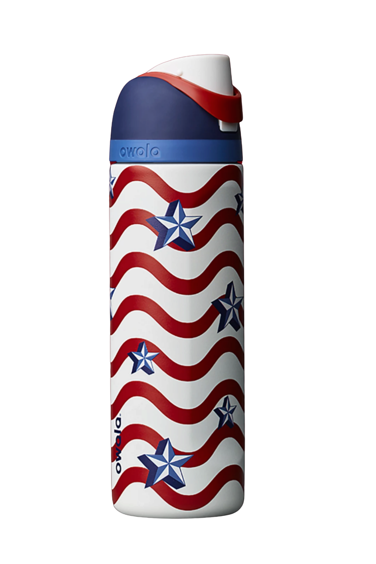 Owala Americana tumbler flat lay with matching silicone boot, tumbler bow, patriotic straw topper, charm bracelet, and coordinated accessories