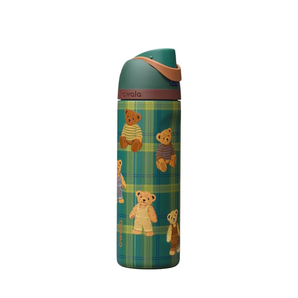 Owala Bear Hug FreeSip water bottle with vintage teddy bears on green navy plaid and caramel carrying loop