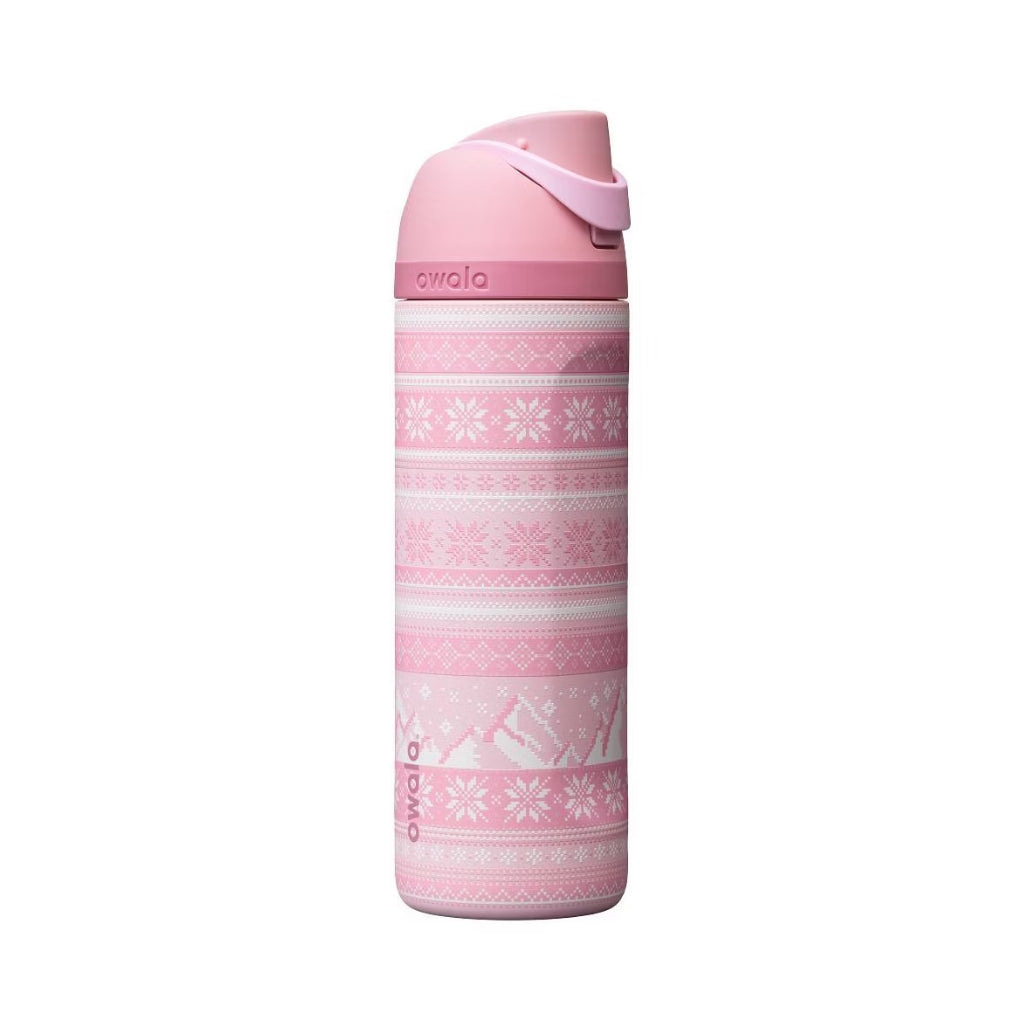 Owala Cozy Does It pink FreeSip water bottle with white Fair Isle snowflakes and Nordic sweater pattern