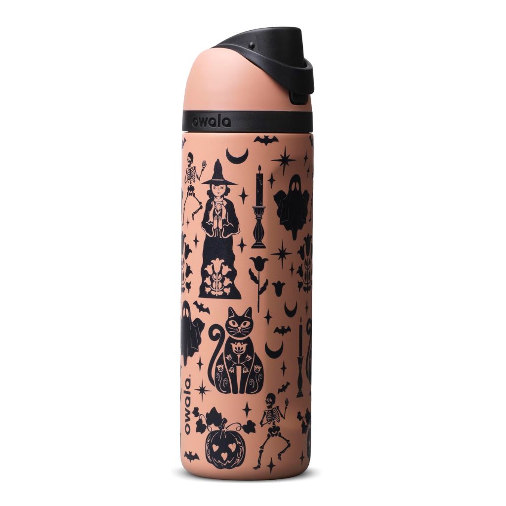 Owala Fright Night bottle with matching Halloween boot charms bows and spooky accessories