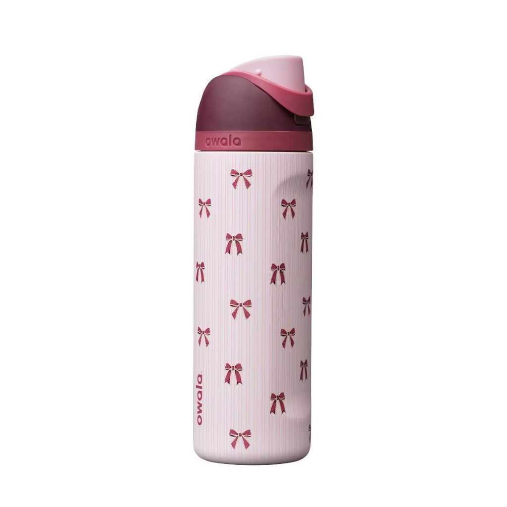 Owala Take a Bow pink FreeSip water bottle with burgundy ribbon bows, fine pink pinstripes and plum lid