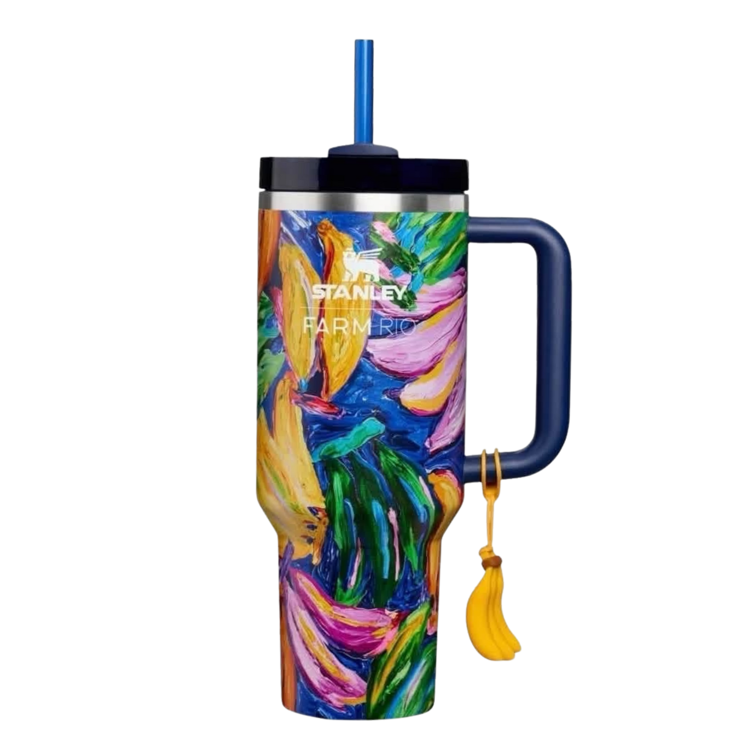Stanley x FARM Rio Painted Bananas tumbler styled with matching silicone boot, banana charm, bow, bracelet and colorful straw topper